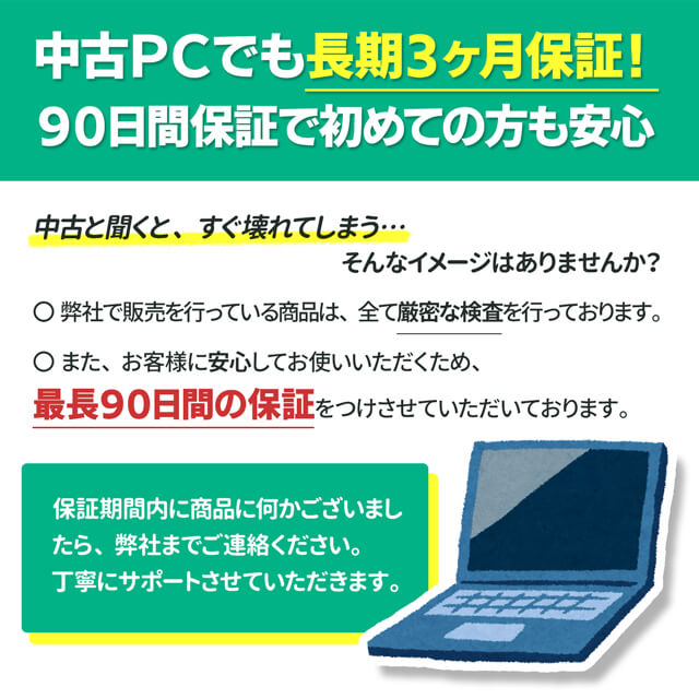 中古PCでも長期3か月保証！90日間保証で初めての方も安心
中古と聞くと、すぐ壊れてしまう…そんなイメージはありませんか？
弊社で販売を行っている商品は、全て厳密な検査を行っております。
また、お客様に安心してお使いいただくため、最長90日間の保証をつけさせていただいております。
保証期間内に商品に何かございましたら、弊社までご連絡ください。丁寧にサポートさせていただきます。