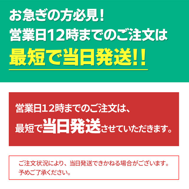 お急ぎの方必見！営業日12時までのご注文は最短で当日発送！！
営業日12時までのご注文は、最短で当日発送させていただきます。
ご注文状況により、当日発送できかねる場合がございます。予めご了承ください。